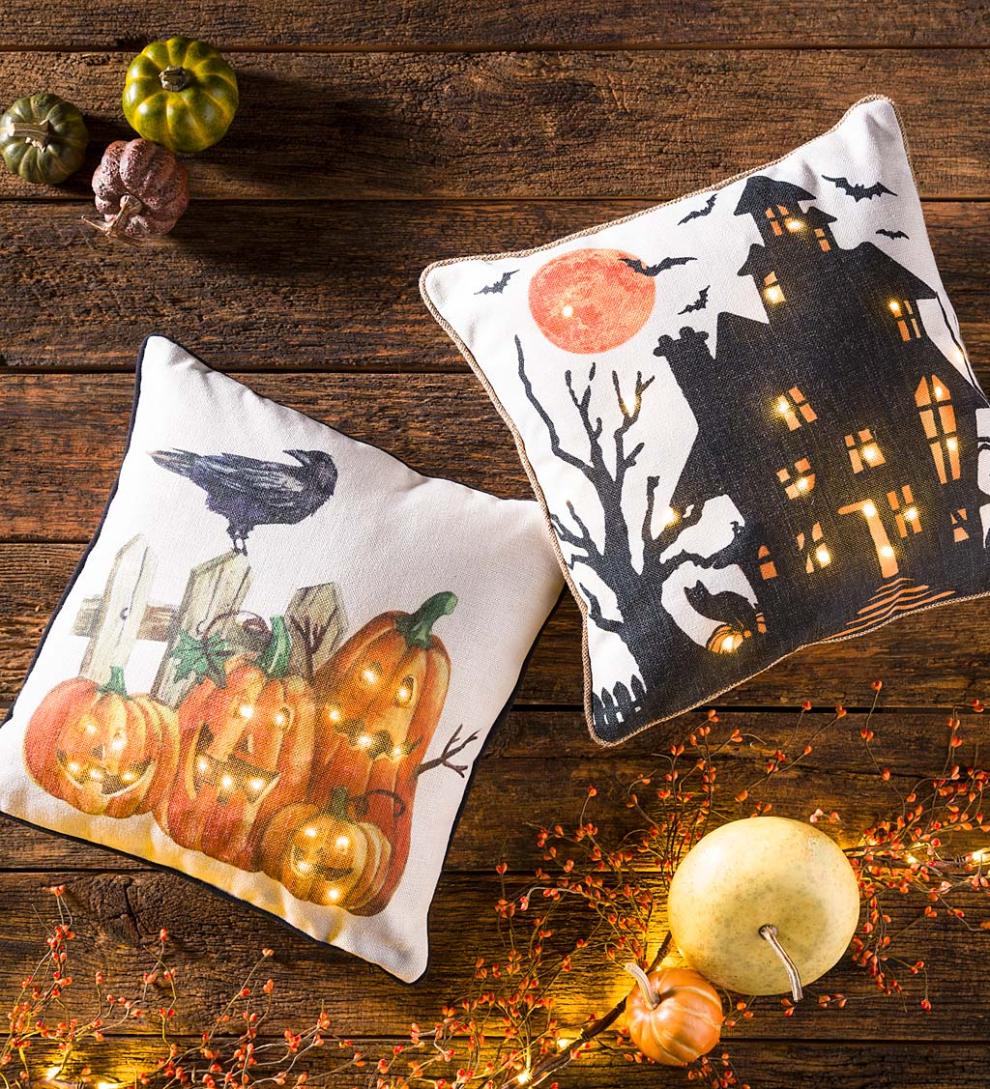 Plow &amp; Hearth Home Accents | Indoor Living Lighted Halloween Decorative Throw Pillow - Raven With Jack-O'-Lanterns