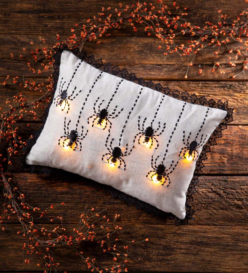 Plow &amp; Hearth Home Accents | Indoor Living Lighted Halloween Decorative Throw Pillow - Raven With Jack-O'-Lanterns