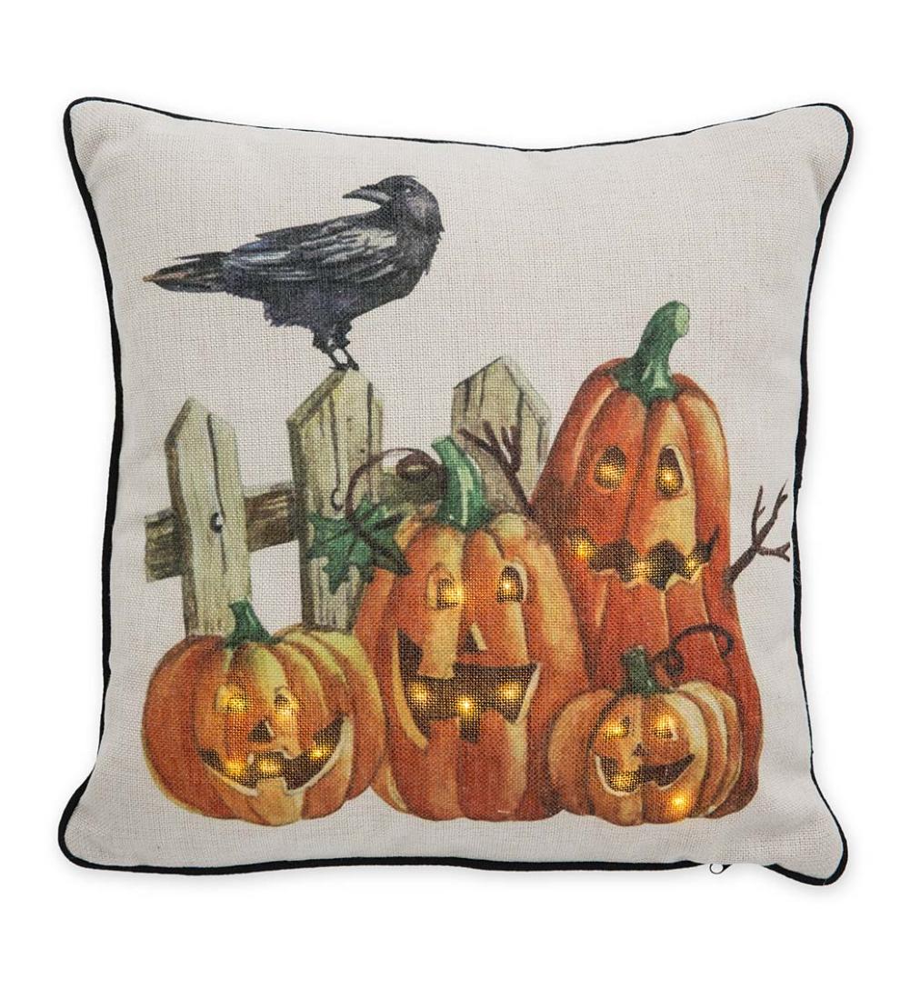 Plow &amp; Hearth Home Accents | Indoor Living Lighted Halloween Decorative Throw Pillow - Raven With Jack-O'-Lanterns