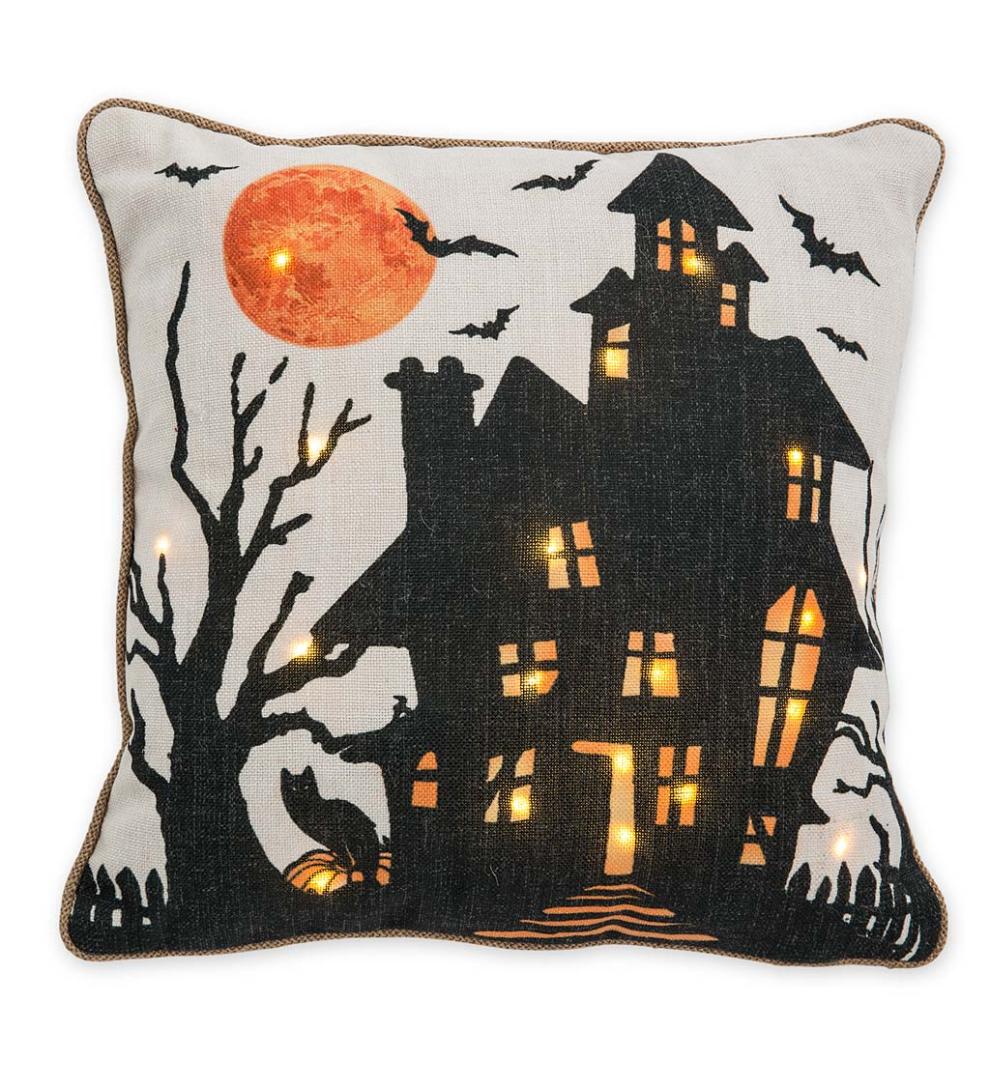 Plow &amp; Hearth Home Accents | Indoor Living Lighted Halloween Decorative Throw Pillow - Raven With Jack-O'-Lanterns