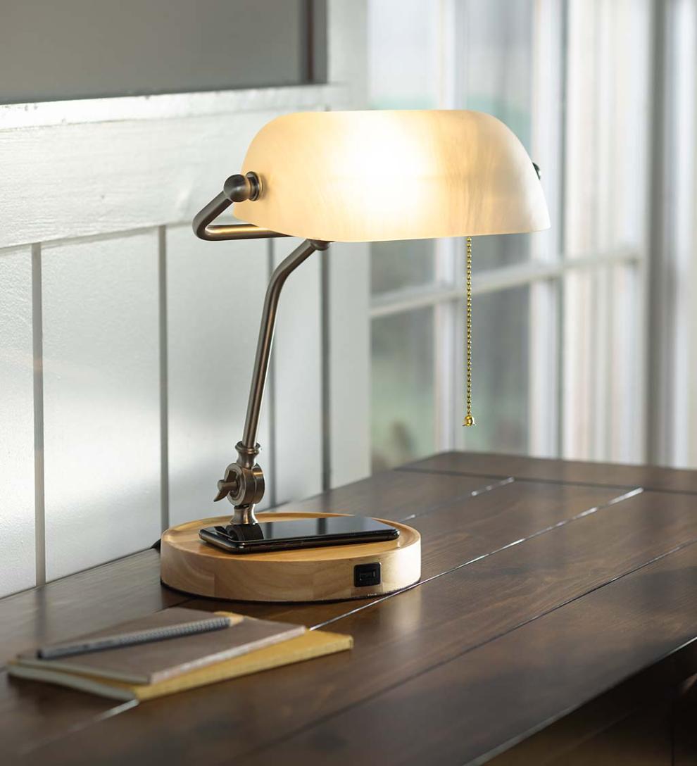Plow &amp; Hearth Home Accents | Indoor Living Banker'S Desk Lamp With Wireless Charging Station