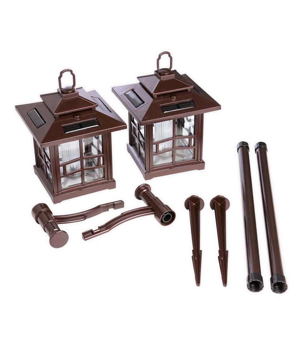 Plow &amp; Hearth Outdoor Lamps &amp; Lighting | Outdoor Living 3-In-1 Solar Lanterns With Shepherd'S Hook/Ground Stake, Set Of 2 - Bronze