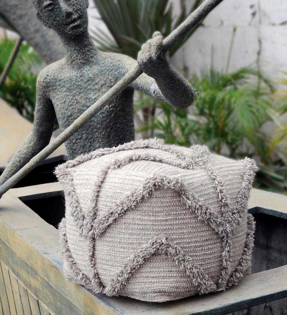 Plow &amp; Hearth Home Accents | Indoor Living Zigzag Fringe Wool Pouf, 18" Sq. - Gray